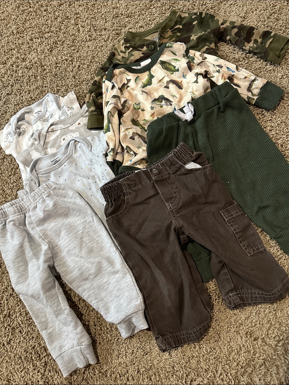 6-9 Month Bundle- 3 pants, 3 onsie, two long sleeve onsie